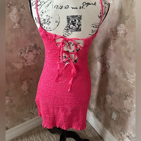 FREE PEOPLE IYLA SMOCKED SLEEVELESS MINI DRESS HOT PINK SP - Picture 5 of 7